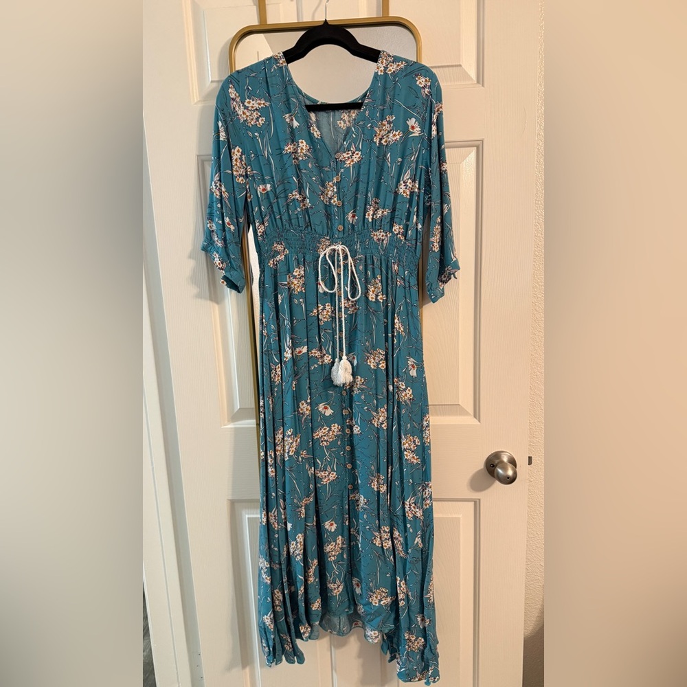 Floral Teal Maxi Dress with Drawstring